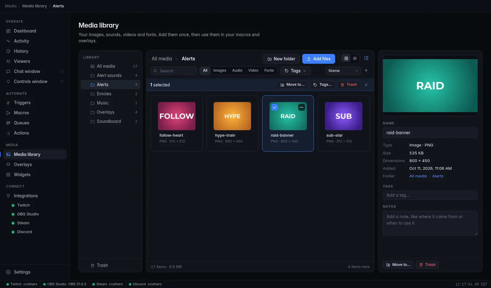 The media library open on the Alerts folder: folders on the left, a grid of alert images in the middle with raid-banner selected, and the details panel on the right with its preview, name, type, size, tags and notes