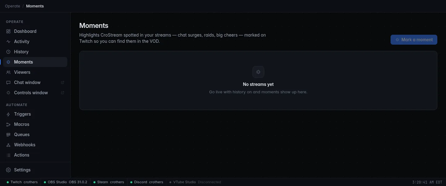The Moments page before there is anything to show: "No streams yet. Go live with history on and moments show up here."
