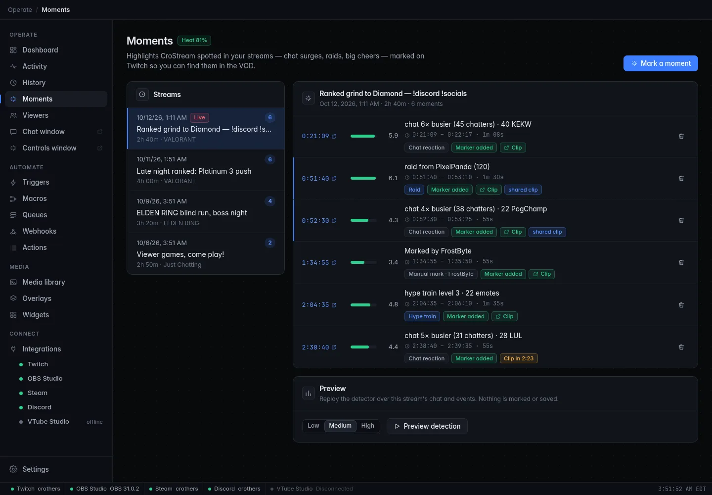 The Moments page: the list of streams on the left, and on the right one stream's moments with their time in the stream, score, reason and marker status