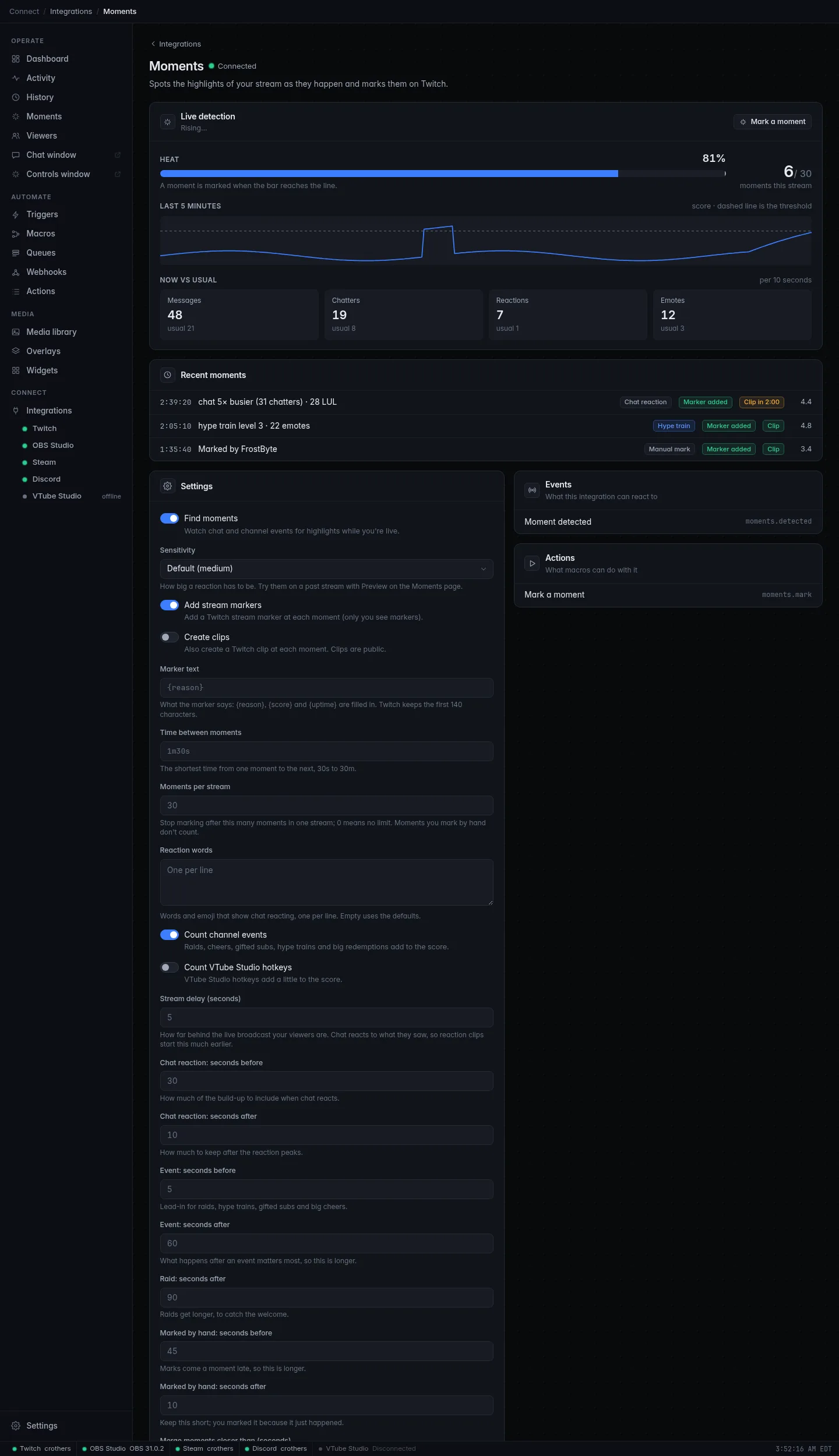 The Moments panel: Live detection with the Heat meter, the moments this stream, the score over the last 5 minutes, now versus usual, and Recent moments