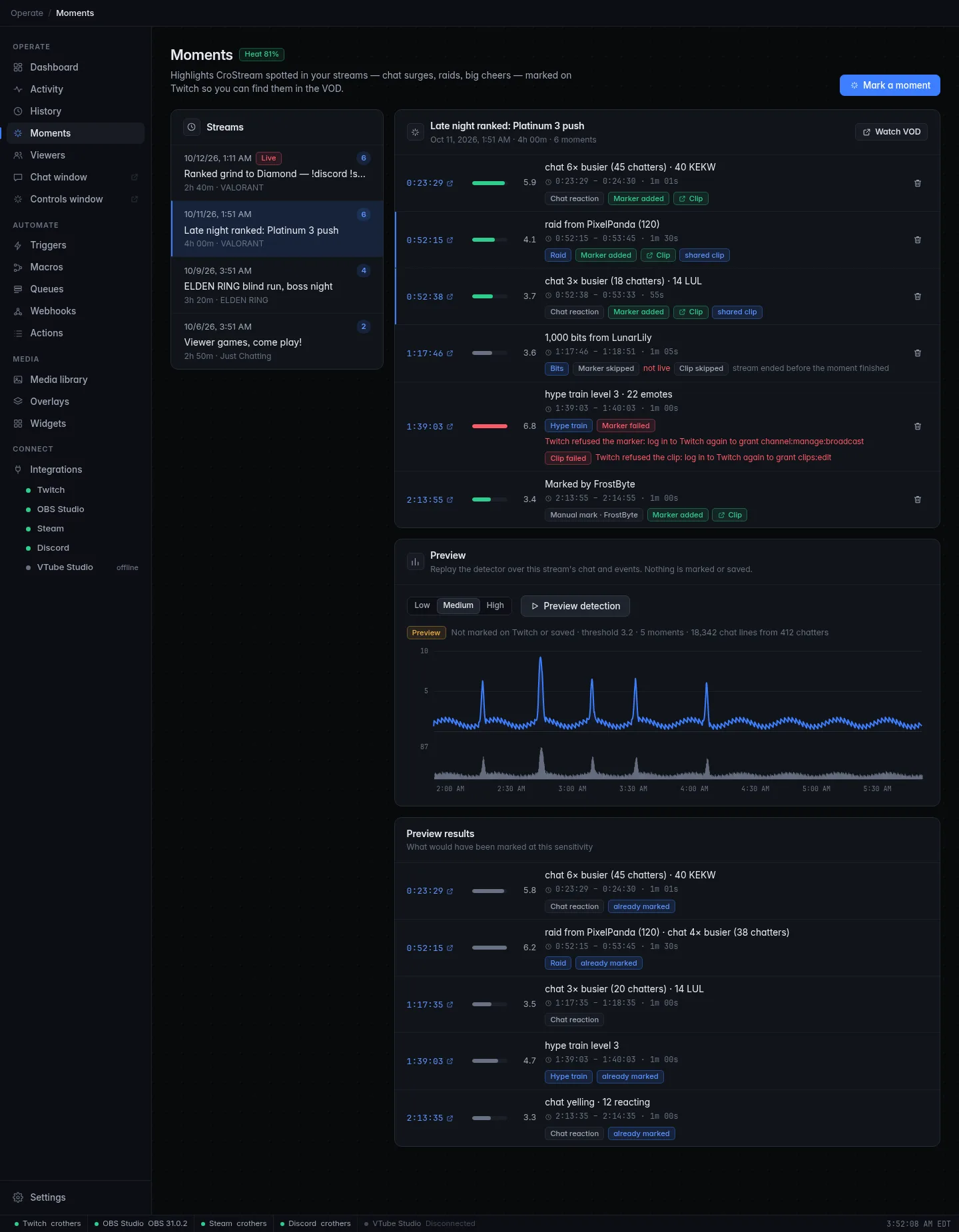 A Preview: the score chart over chat messages with the threshold, and the Preview results list showing what would have been marked