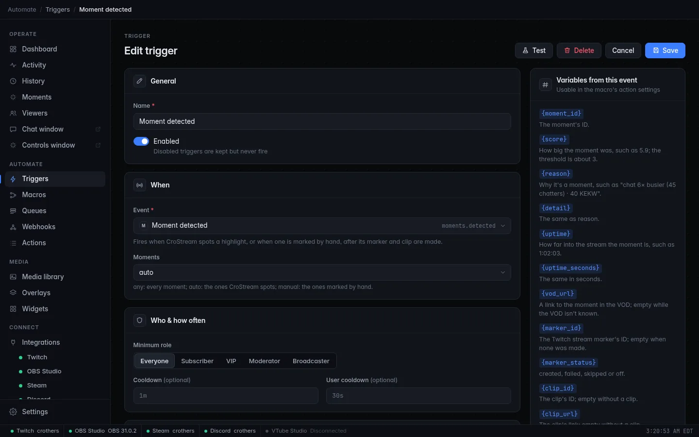 Adding a Moment detected trigger, with the Moments choice and its variables