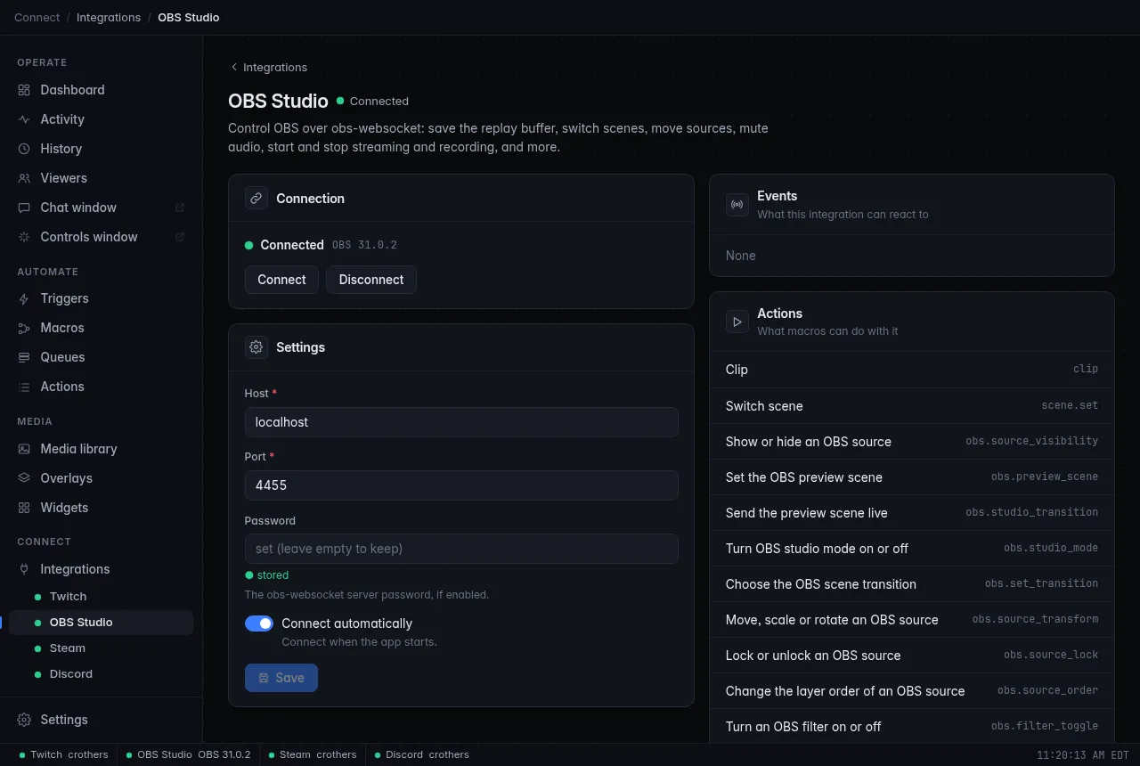 The OBS Studio page, connected to OBS 31: Host localhost, Port 4455, a stored password and Connect automatically turned on