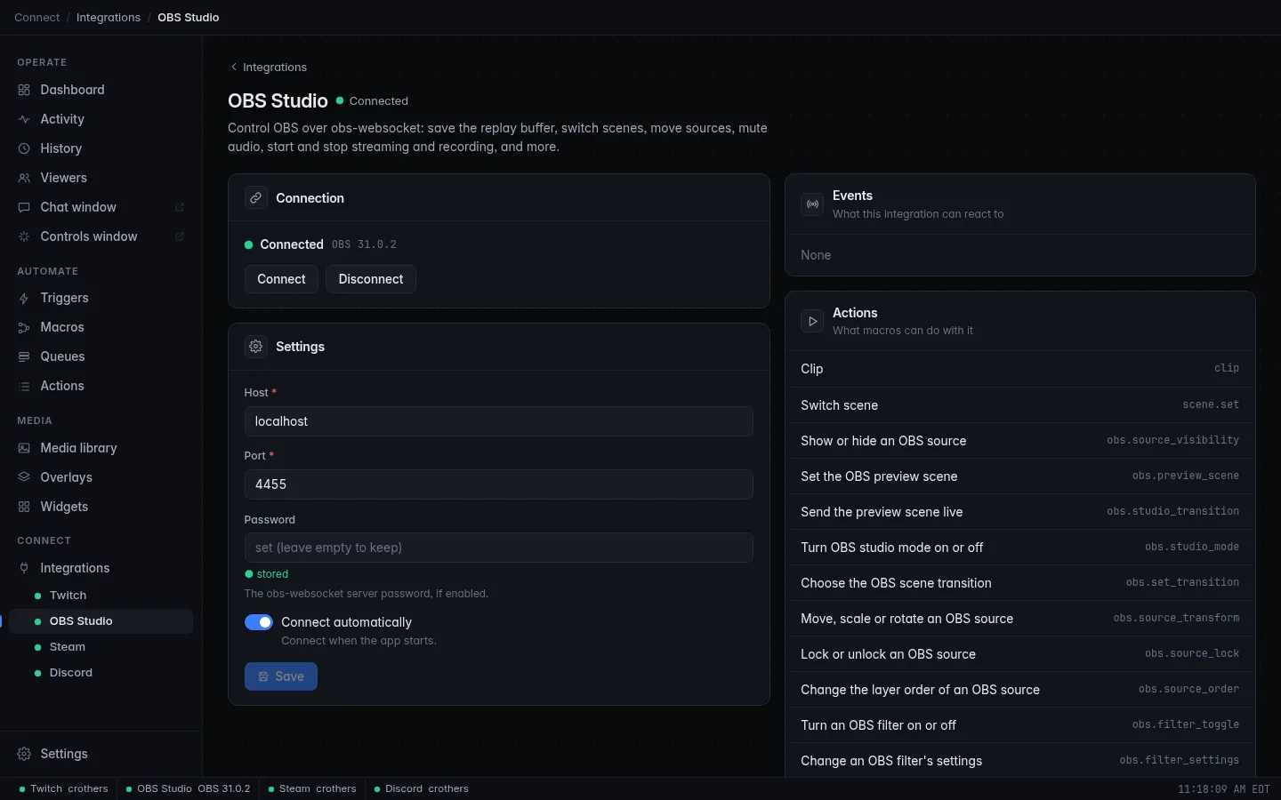 The OBS Studio integration page: Connection with the status and OBS version, Settings with host, port, password and Connect automatically, and the list of OBS actions
