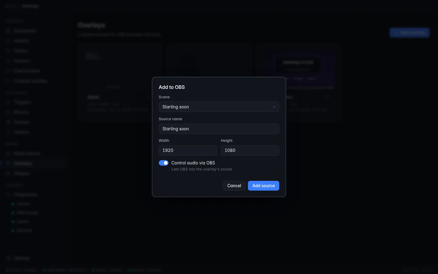The Add to OBS dialog: Scene, Source name, Width, Height and the Control audio via OBS switch
