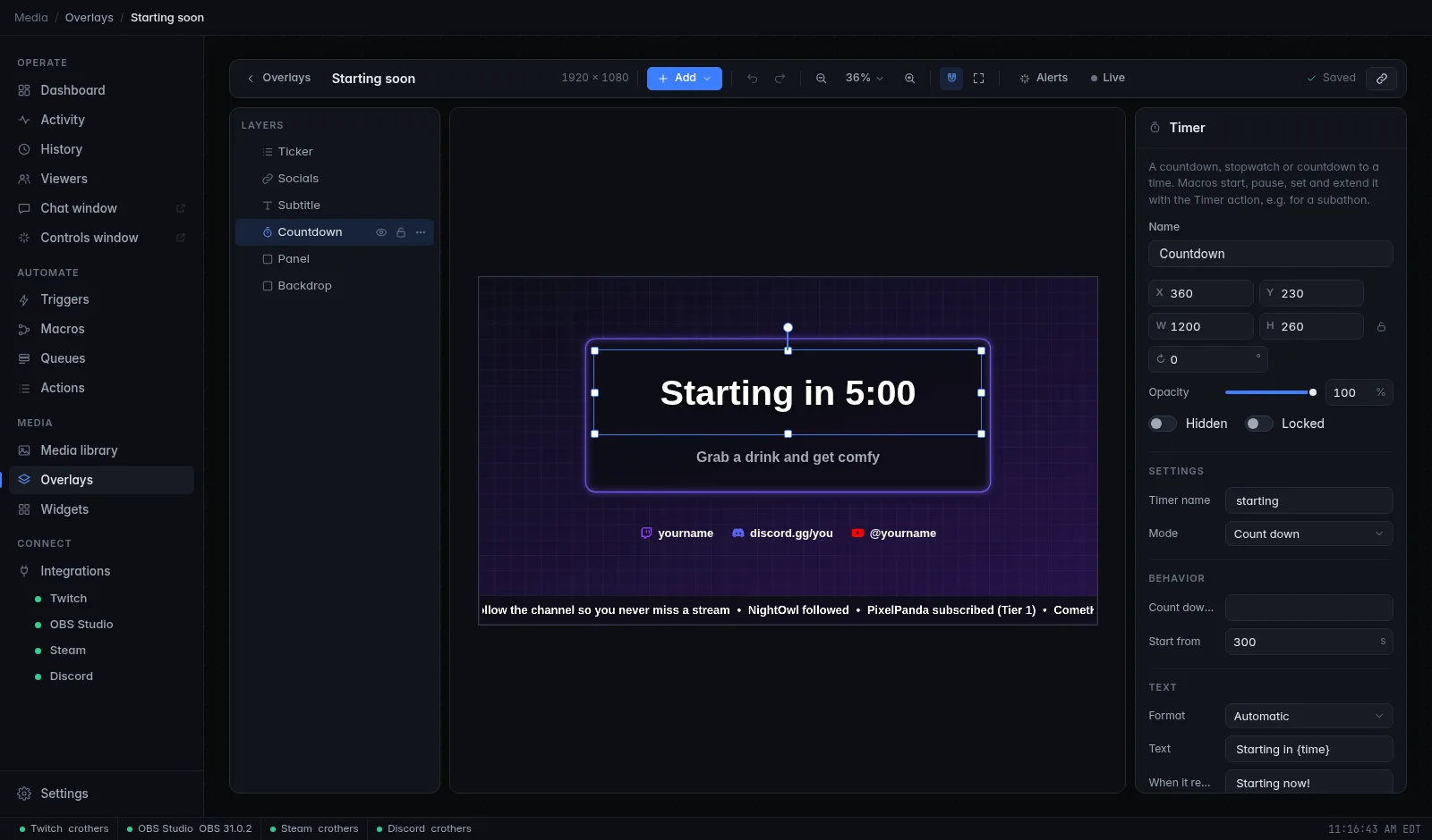 The overlay editor with the Starting soon overlay: the toolbar on top, the Layers list on the left, the canvas in the middle with the Countdown timer selected, and its settings in the inspector on the right