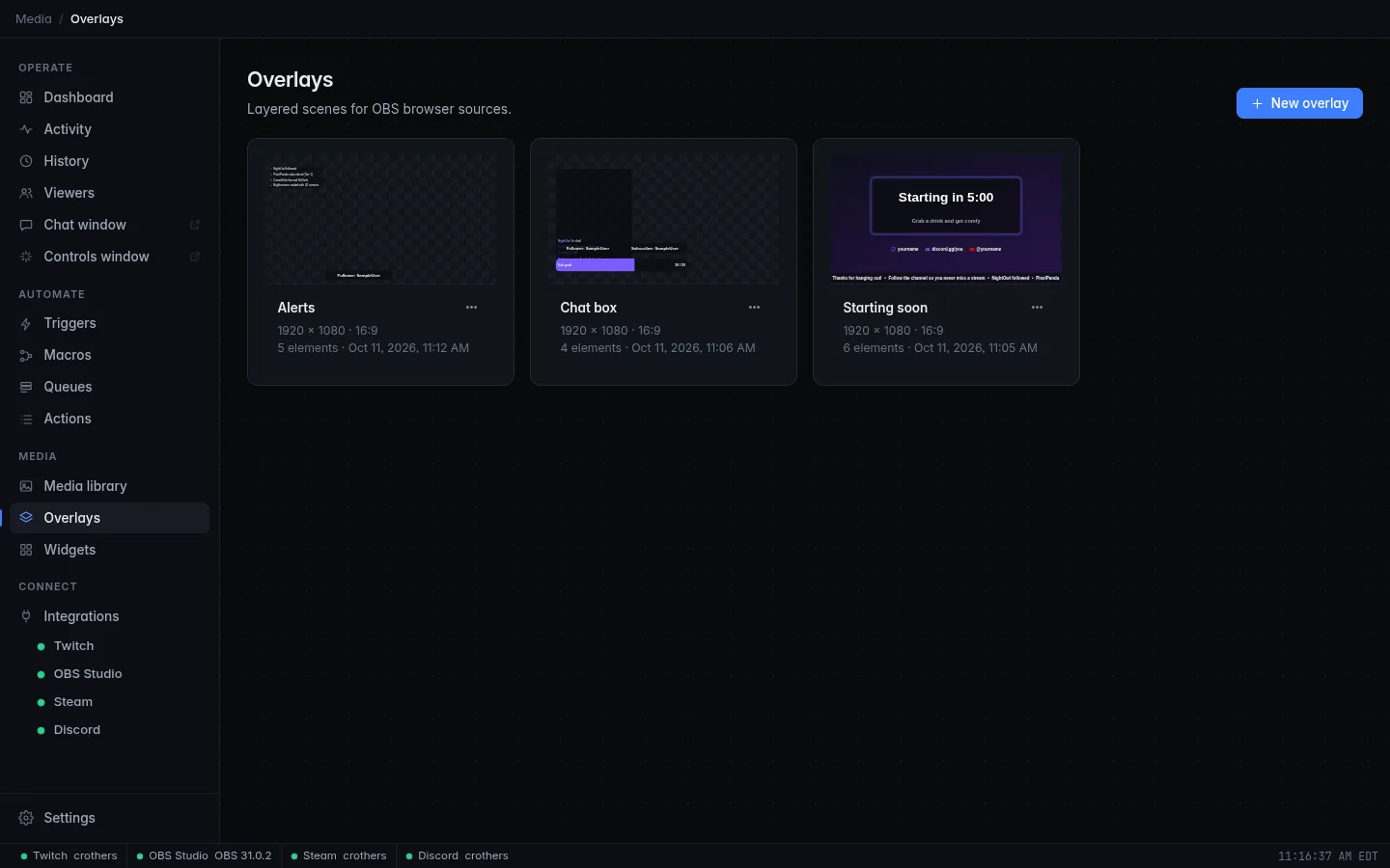 The Overlays page: a grid of overlay cards, each with a live preview, its name, its size and how many elements it holds
