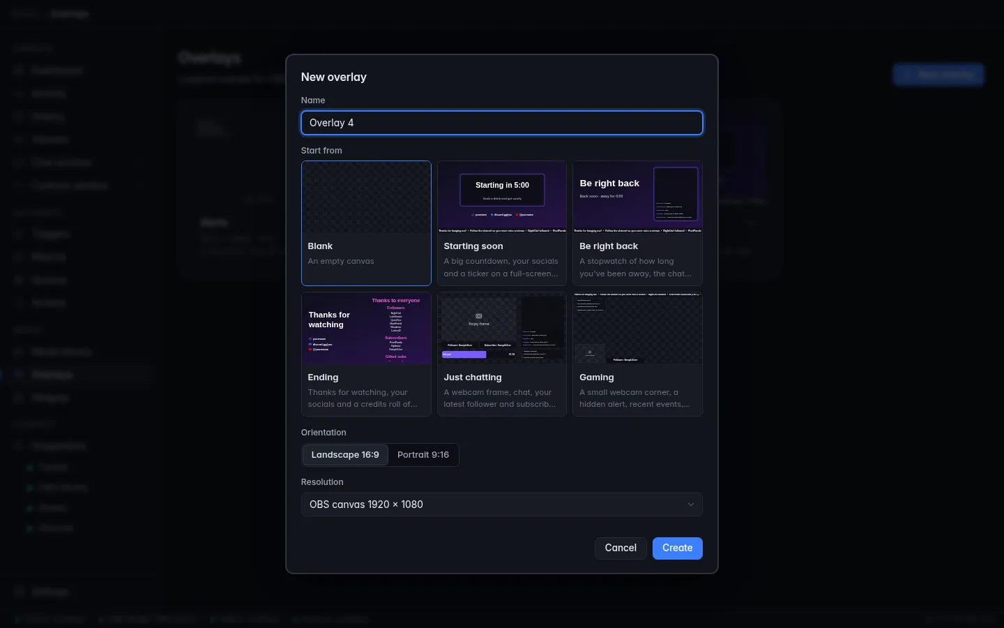 The New overlay dialog: Name, Start from with Blank and the five templates, Orientation, and Resolution offering the OBS canvas size