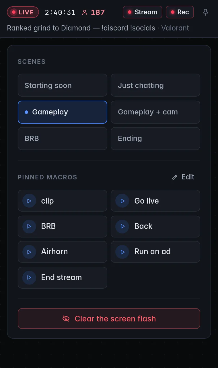 The Controls window: live status, OBS Stream and Rec lights, the pin button, scene buttons, pinned macros and Clear the screen flash
