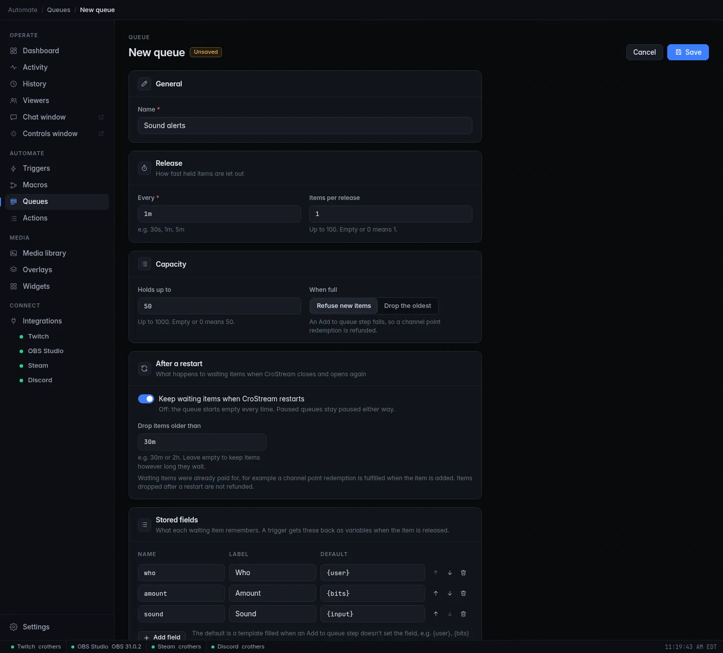 The queue editor with Release, Capacity, After a restart and Stored fields