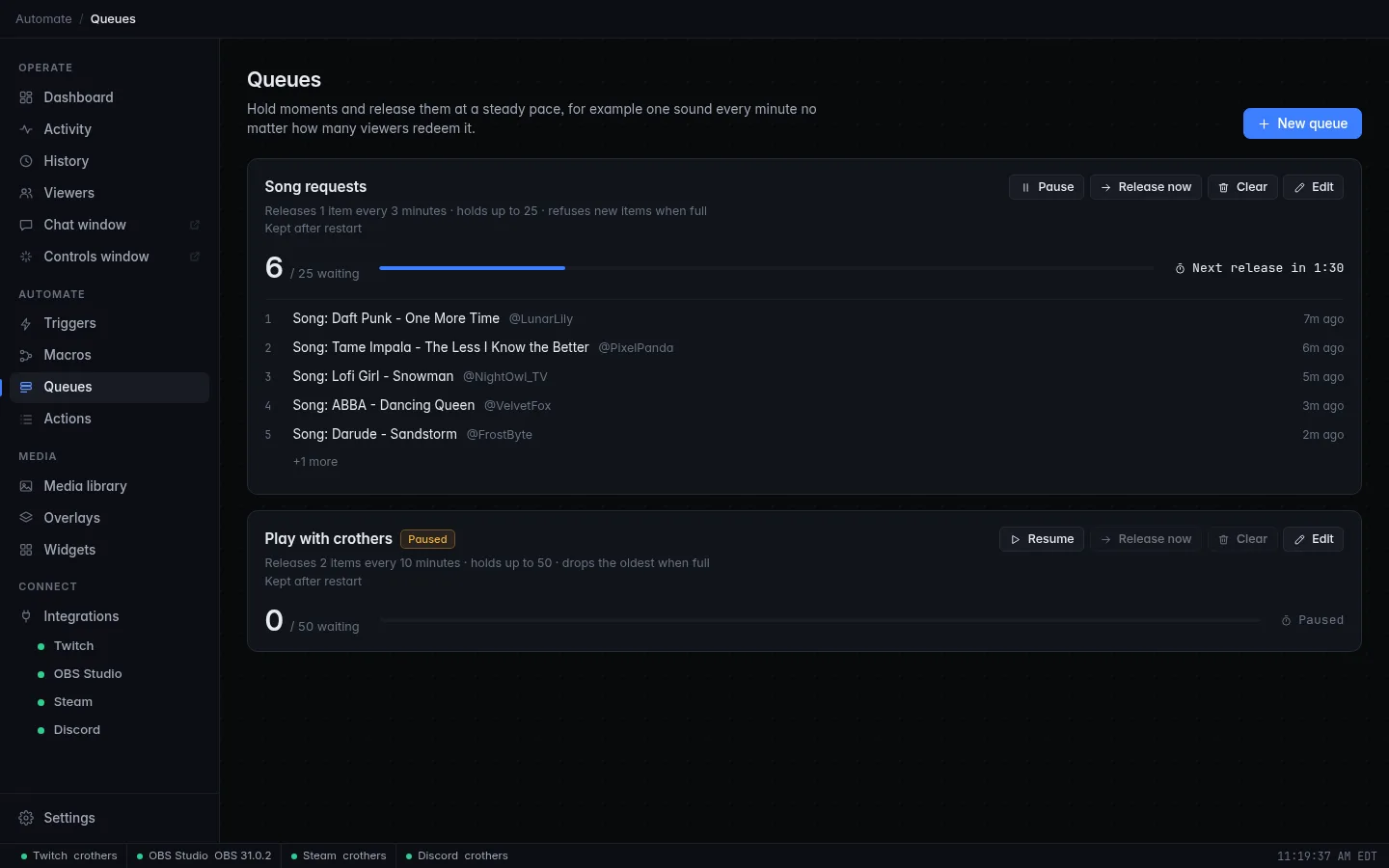The Queues page: a queue with waiting items, its fill bar, the next release countdown and its buttons