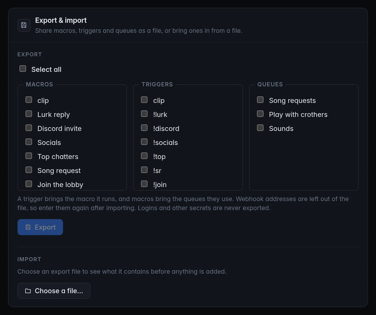 The Export & import panel: checkboxes for macros, triggers and queues, the Export button and Choose a file… for importing