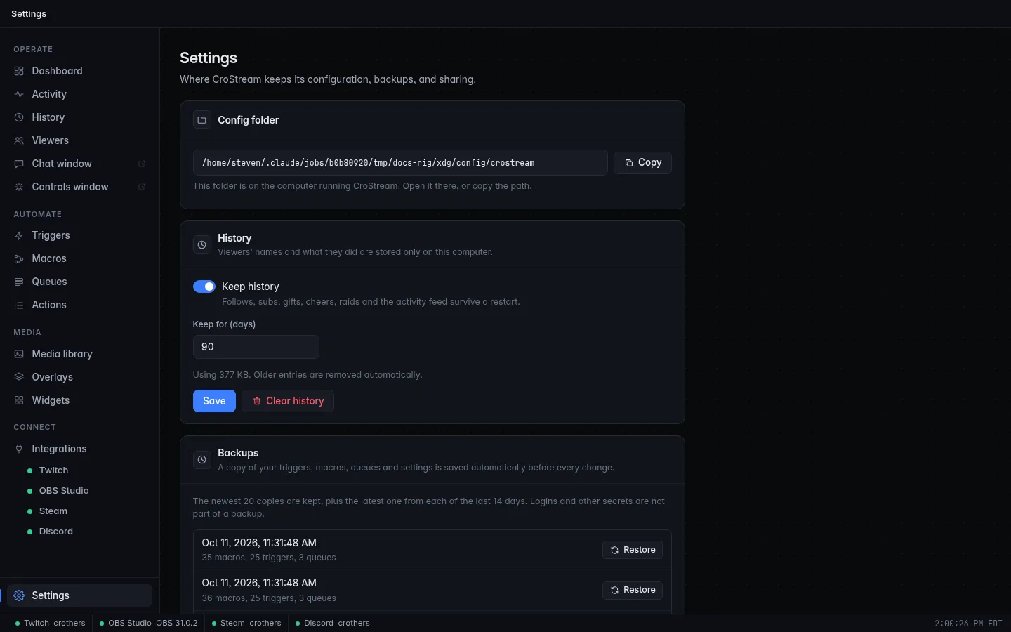 The Settings page in browser mode: the Config folder panel with the folder's path, a Copy button and the note "This folder is on the computer running CroStream. Open it there, or copy the path.", then the History panel