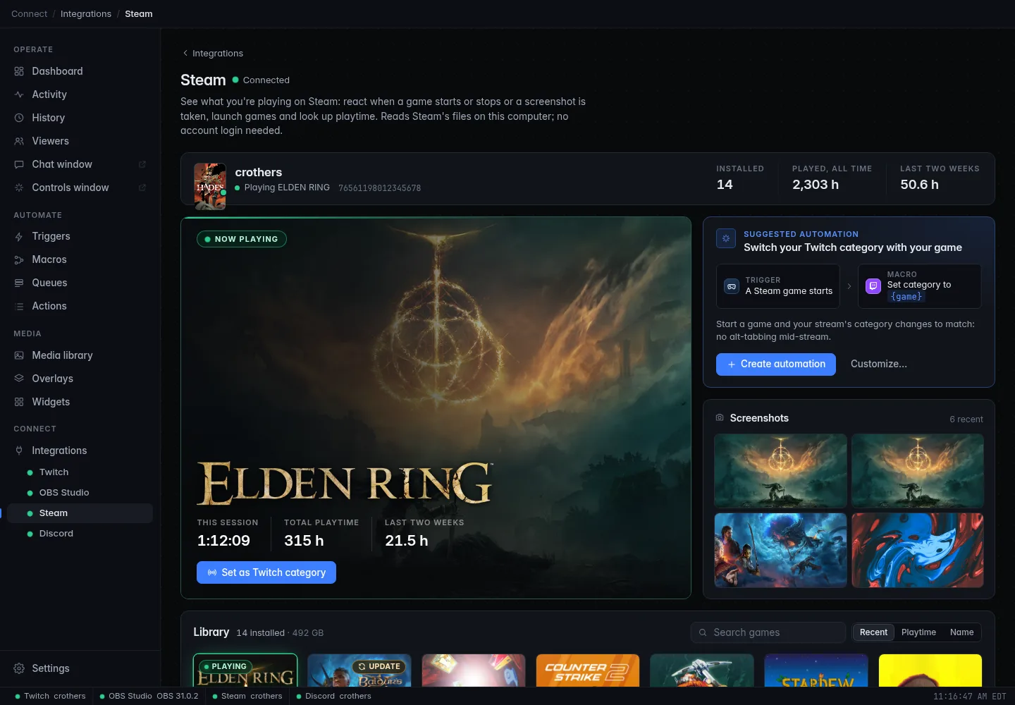 The Steam panel: your Steam account, the game being played with its artwork and session timer, recent screenshots, a suggested automation and your installed games