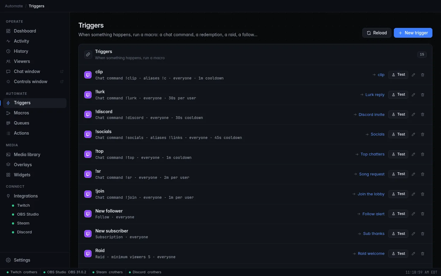 The Triggers page: each trigger with its event summary, the macro it runs, and Test, Edit and Delete buttons