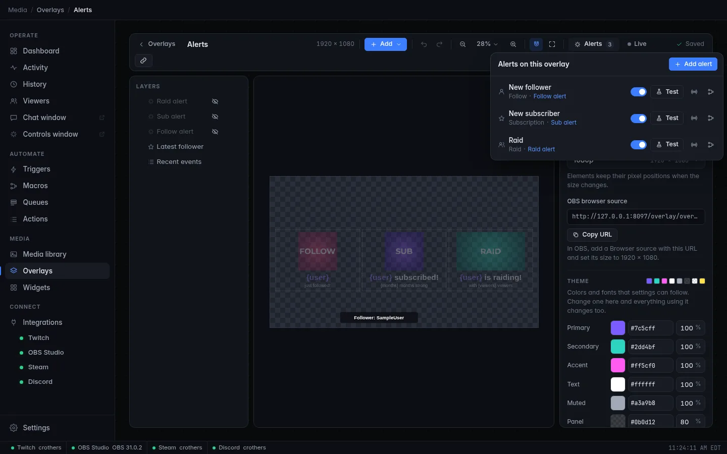 The overlay editor with the Alerts on this overlay list open, showing follow, sub and raid alerts, each with an on switch and a Test button