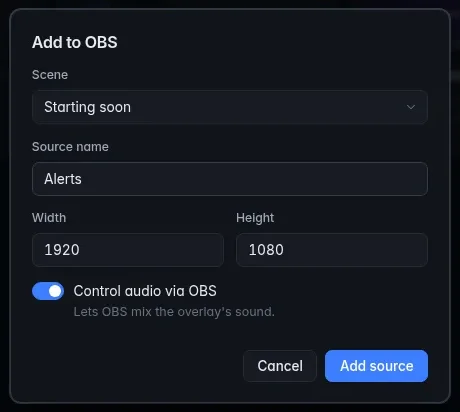 The Add to OBS dialog with a scene, source name, size and the Control audio via OBS switch