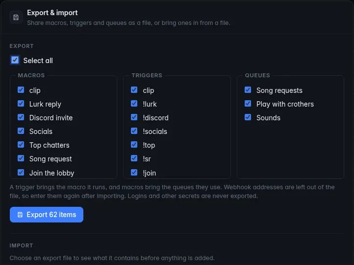 The Export & import panel in Settings with macros and triggers ticked for export