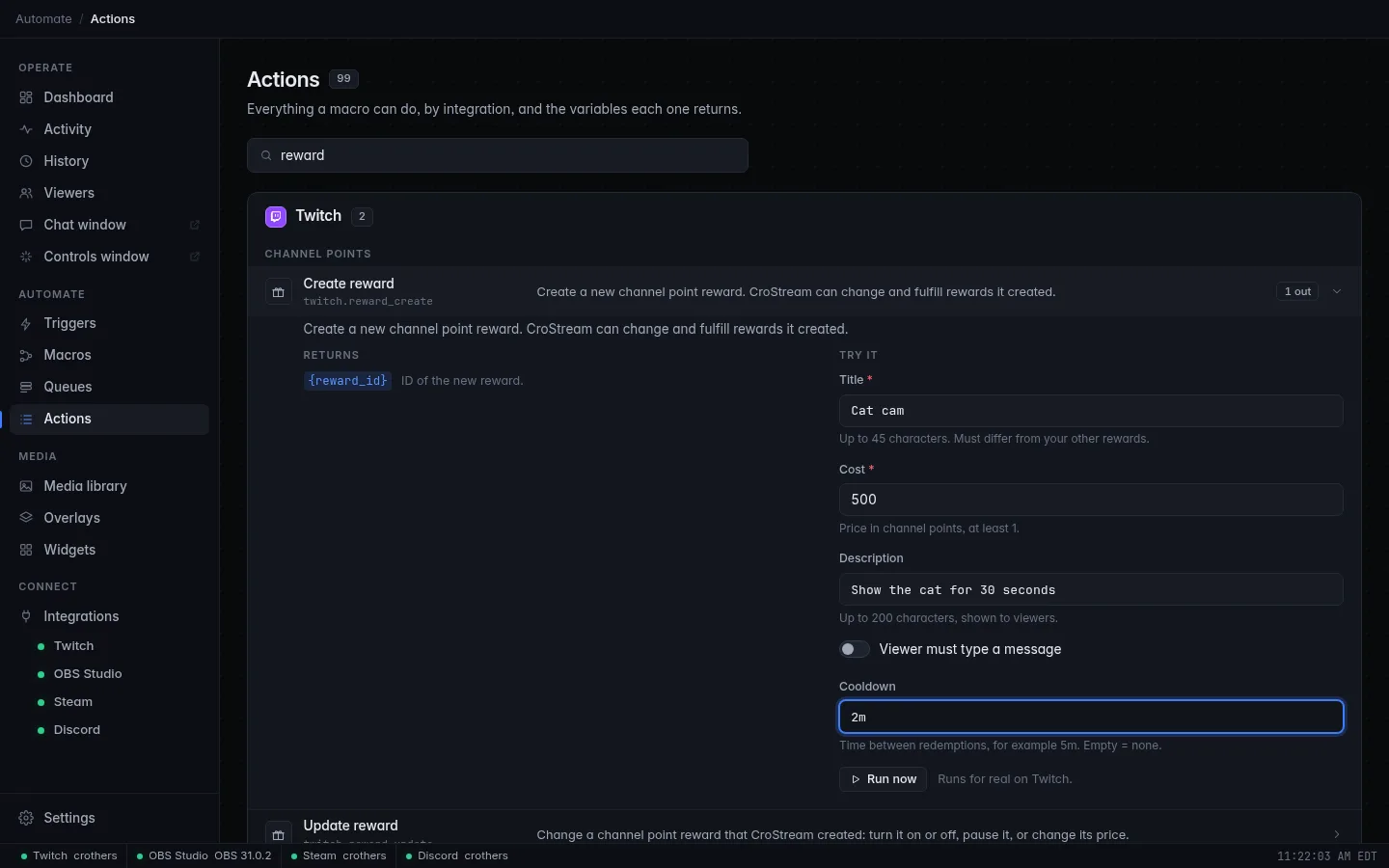 The Actions page with Create reward open, its Try it form filled in and the Run now button