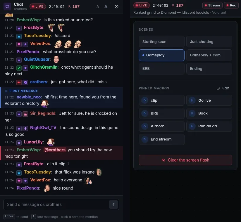 The chat window and the controls window side by side