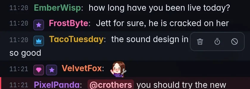 A message in the chat window with the delete, time out and ban buttons shown on hover