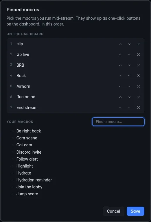 The Pinned macros window with macros pinned on the dashboard and more to pick from