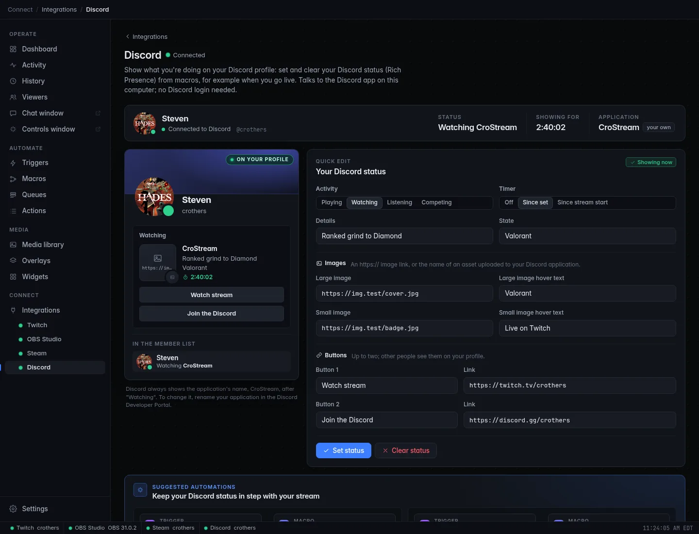 The Discord page: the profile preview shows Watching CroStream with the stream title, category, timer and Watch stream button, next to the Your Discord status editor