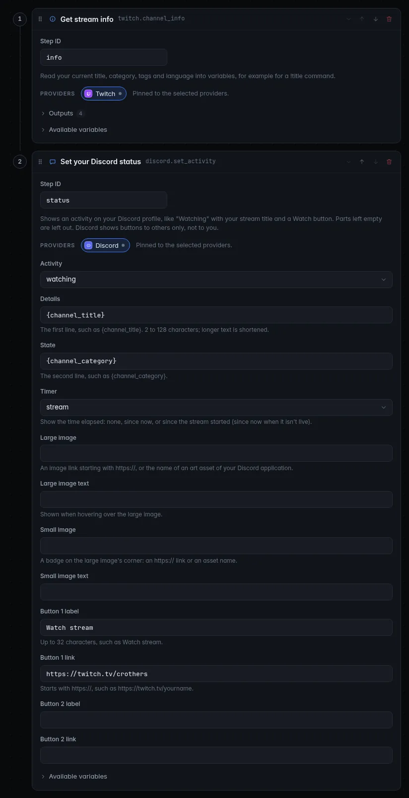 The Discord: live macro with Get stream info and Set your Discord status filled in