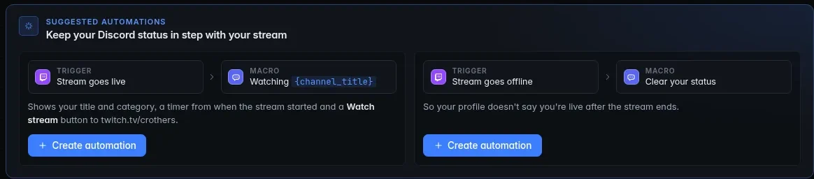 The two suggested automations on the Discord page, each with a Create automation button