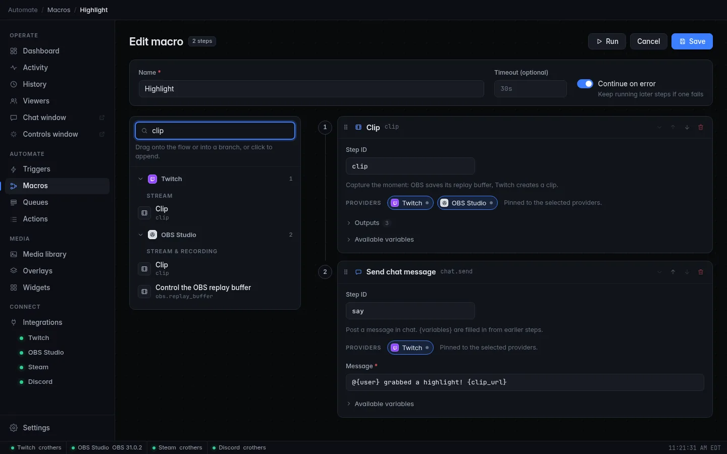 The macro editor with the action palette filtered to "clip", a Clip step for Twitch and OBS Studio, and a chat message step