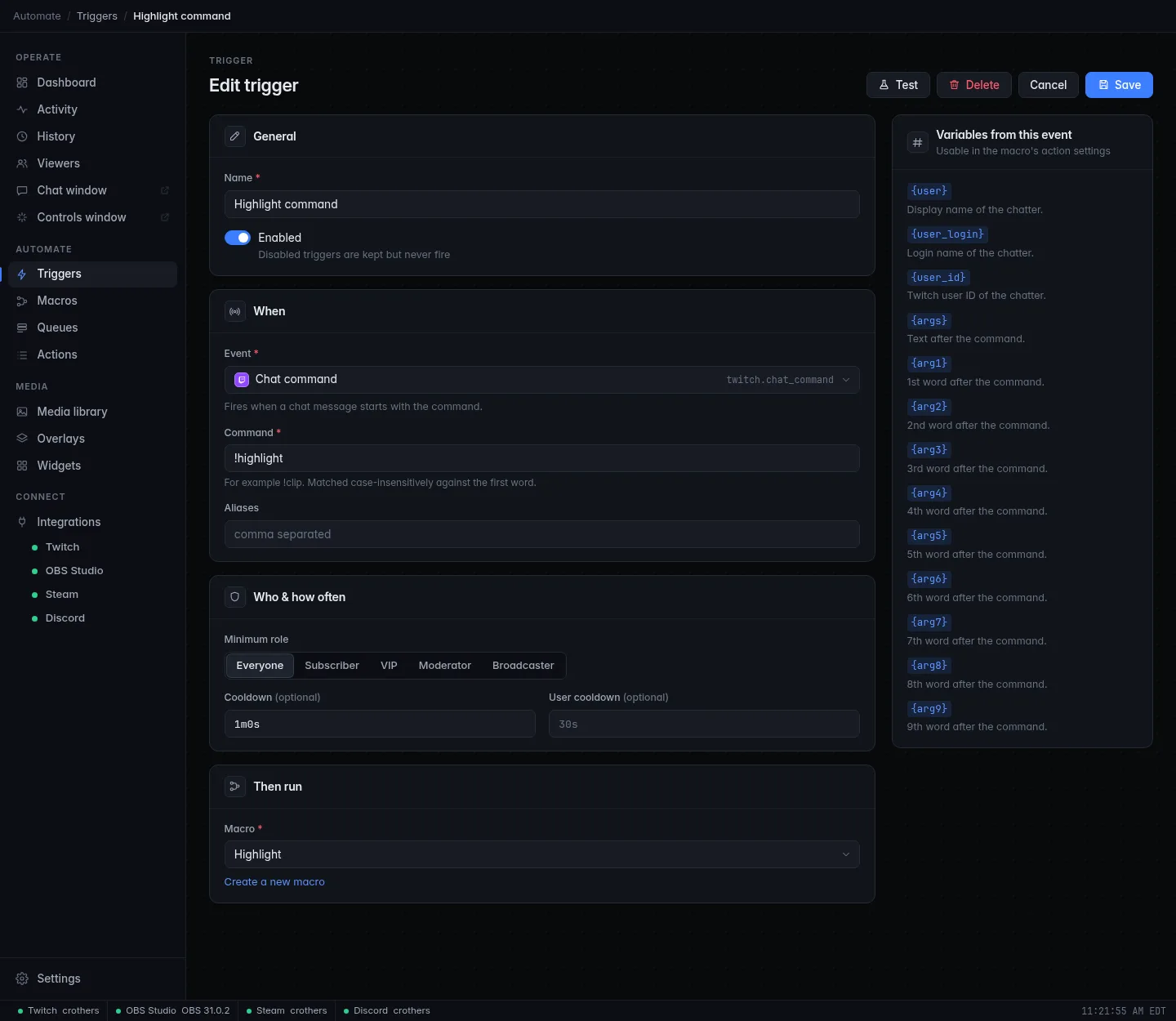 The finished Highlight command trigger with Chat command, !highlight, a 1m cooldown and the Highlight macro
