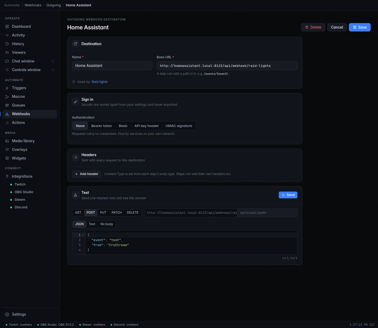 The Home Assistant destination: name, base URL with no authentication, and the Test panel