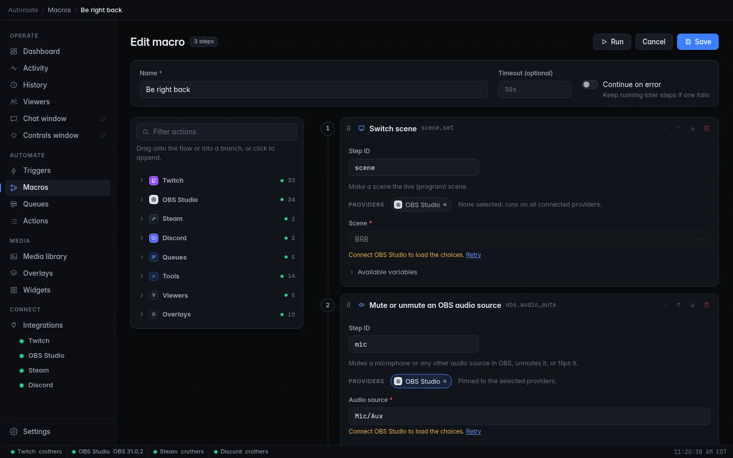 The Be right back macro with Switch scene, Mute or unmute an OBS audio source and Send chat message steps