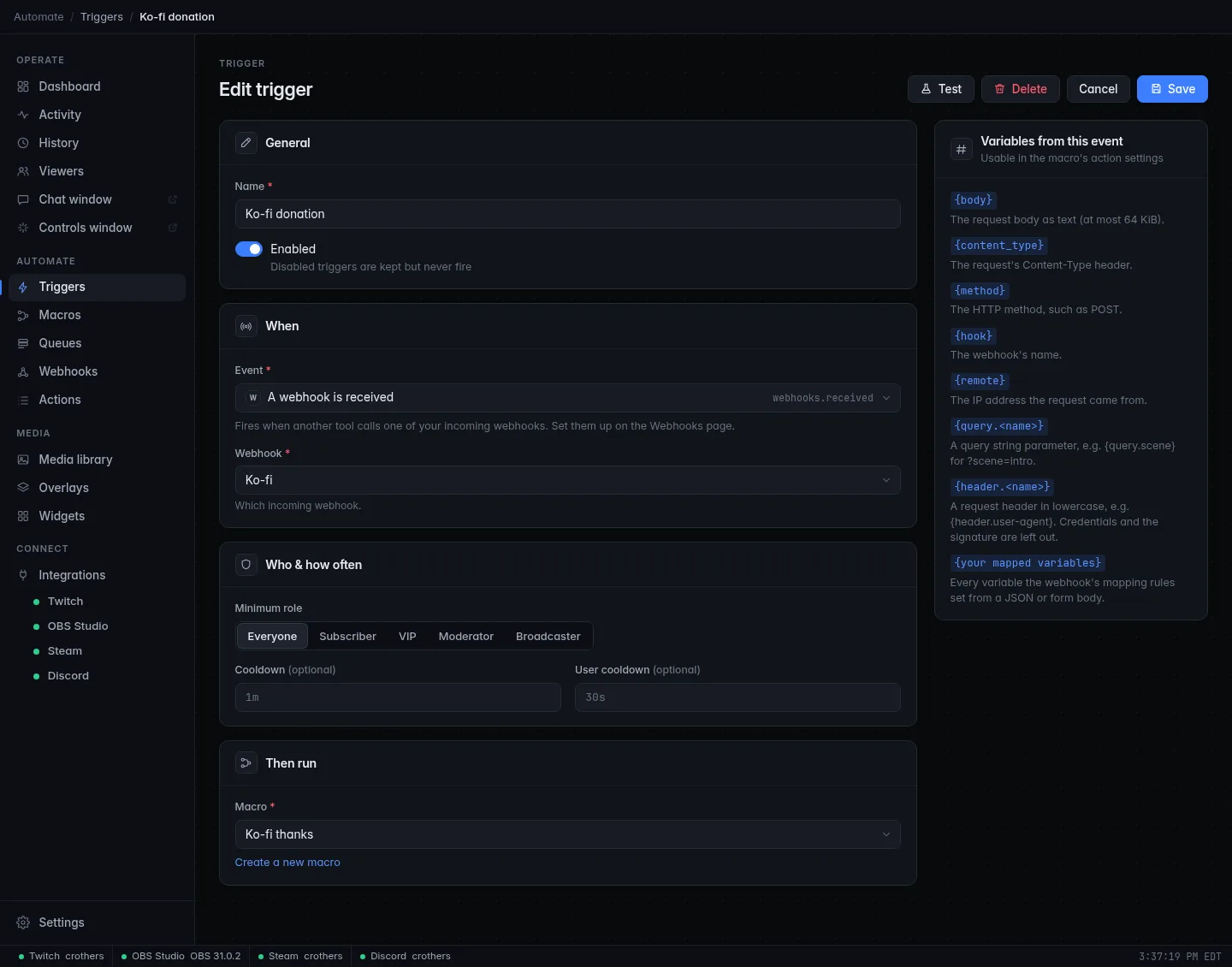 The trigger: the event A webhook is received for the Ko-fi webhook, and the variables it gives the macro