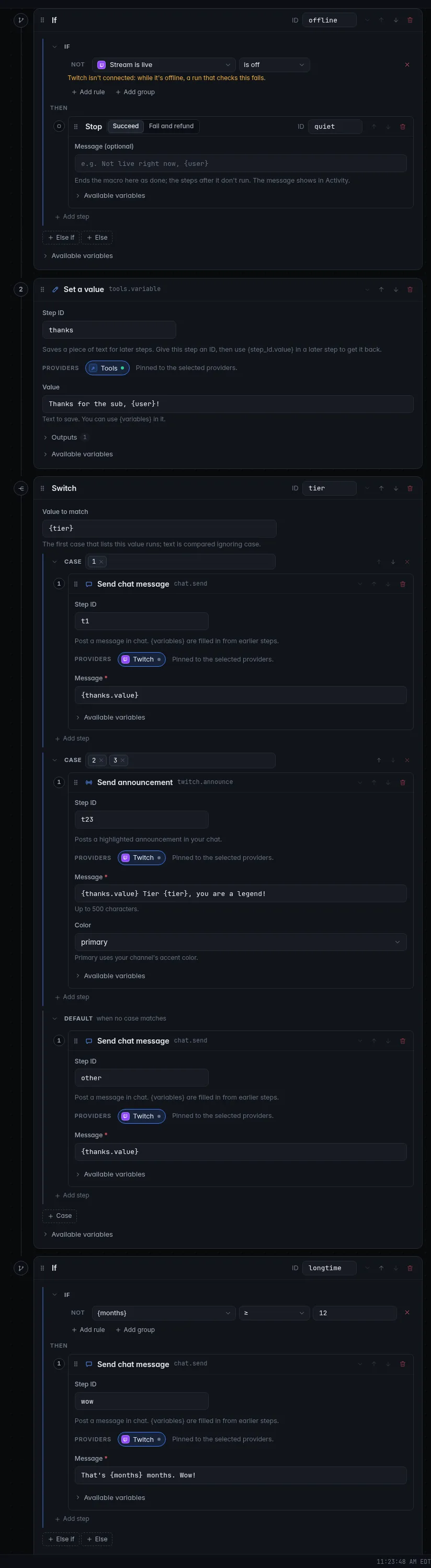 The Sub thanks by tier macro: an If with a Stop, Set a value, and a Switch on {tier} with two cases and a default