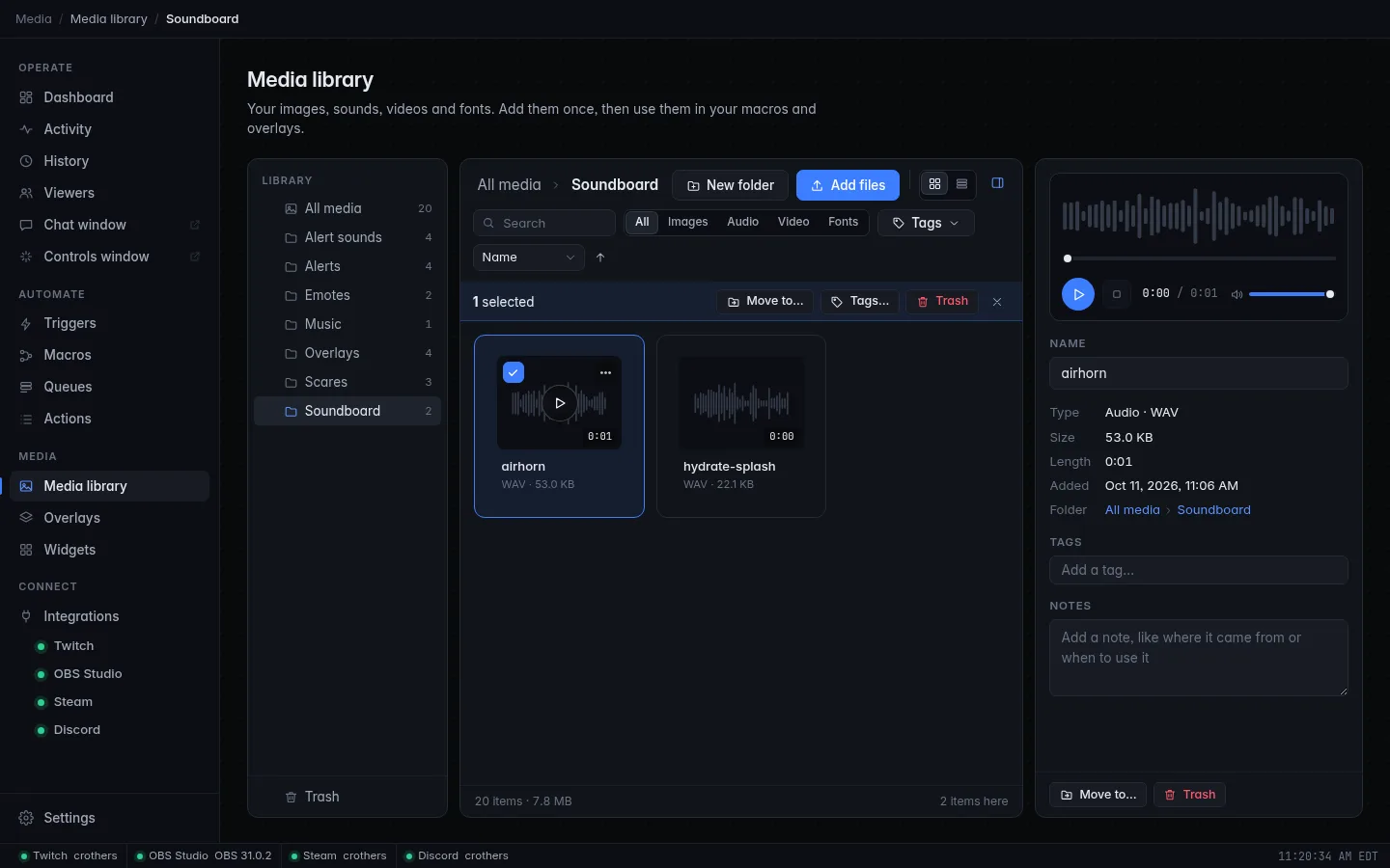 The media library with an airhorn sound selected and its details panel open