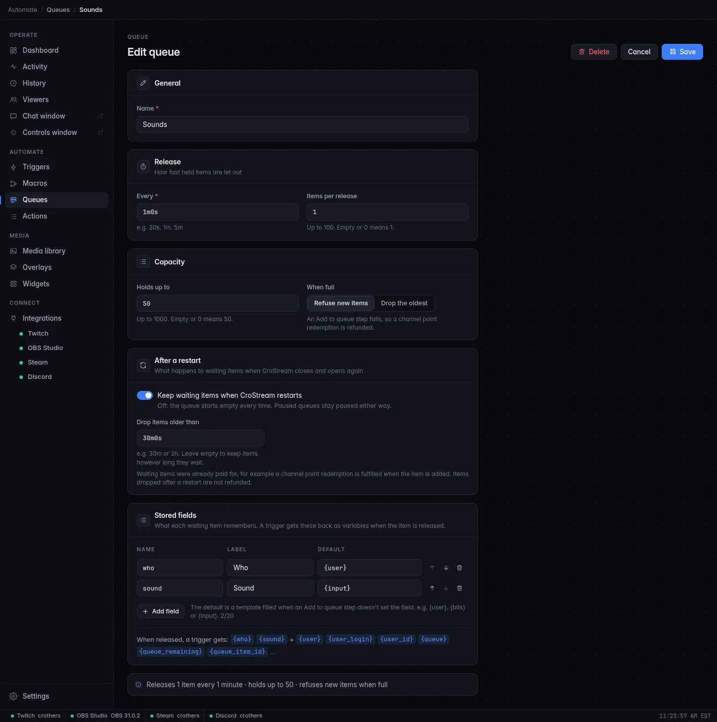 The queue editor for Sounds: release every 1m, holds up to 50, refuse new items, with who and sound stored fields