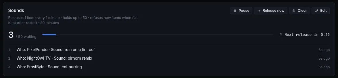 The Queues page showing the Sounds queue with items waiting and the Release now, Pause and Clear buttons