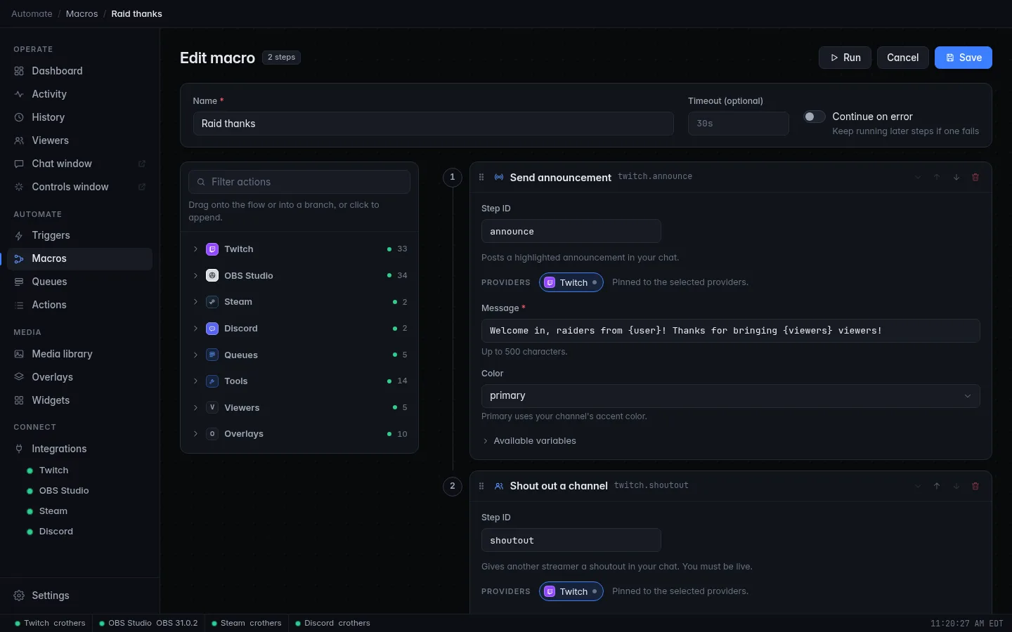 The Raid thanks macro with a Send announcement step and a Shout out a channel step