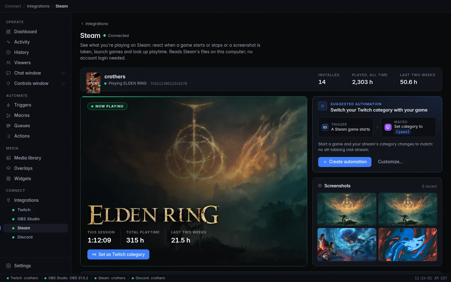 The Steam page showing the signed-in account, the game being played and the suggested automation card