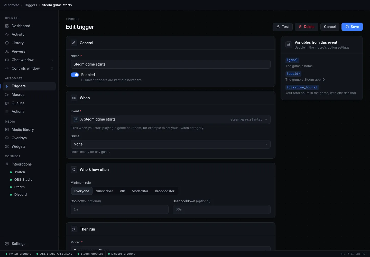 A trigger on the event A Steam game starts, running the Category from Steam macro