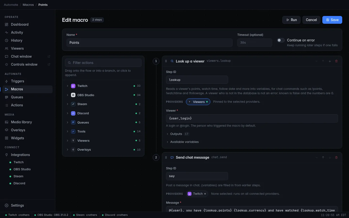 The Points macro with a Look up a viewer step (ID lookup) and a Send chat message using {lookup.points}