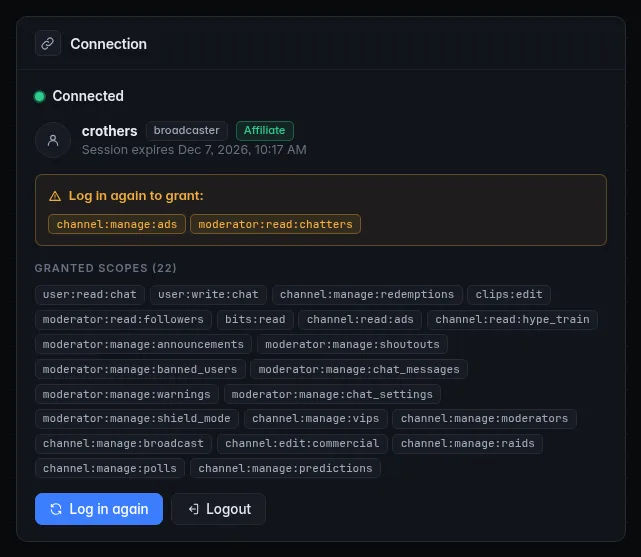 The Twitch account card: the channel name with broadcaster and Affiliate badges, the session expiry date, a "Log in again to grant" box listing two missing scopes, the granted scopes, and the Log in again and Logout buttons