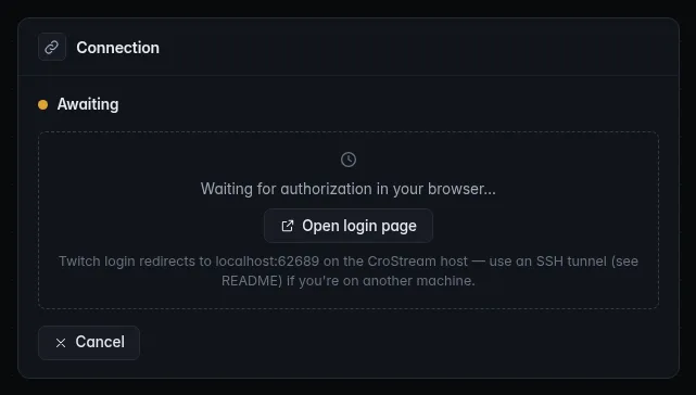 The Twitch Connection panel in browser mode while waiting: "Waiting for authorization in your browser…", an Open login page button, a reminder to use an SSH tunnel, and Cancel
