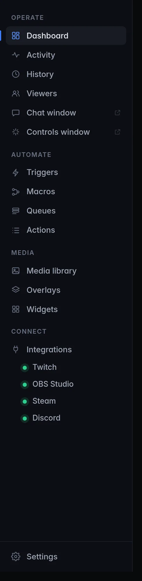 The sidebar with the Operate, Automate, Media and Connect sections and Settings at the bottom