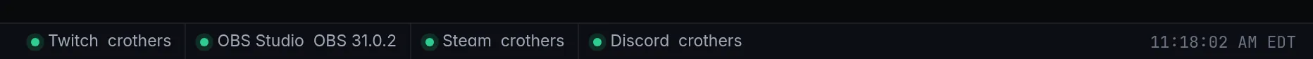 The status bar: Twitch, OBS Studio, Steam and Discord with their states, and the clock