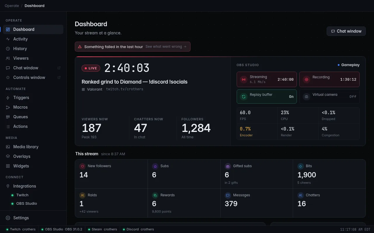 The CroStream window showing the Dashboard while live