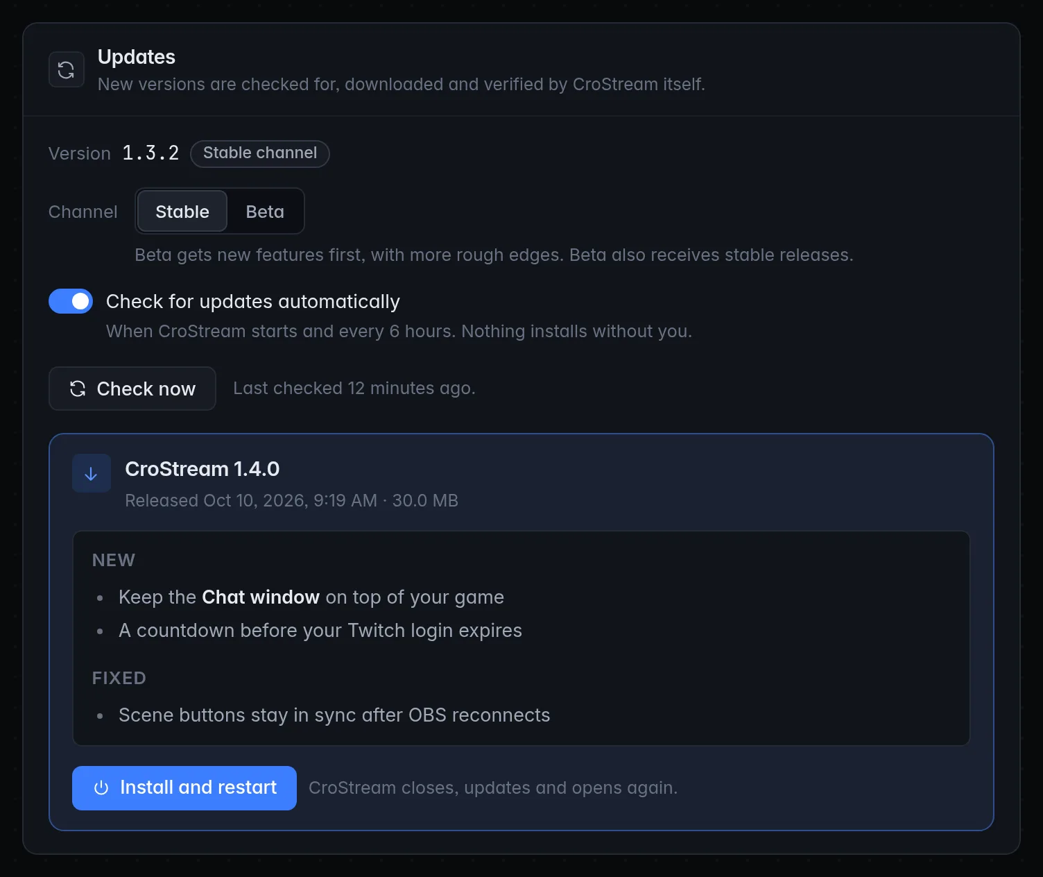 The Updates panel in Settings with an update on offer: version, release notes and the Install and restart button