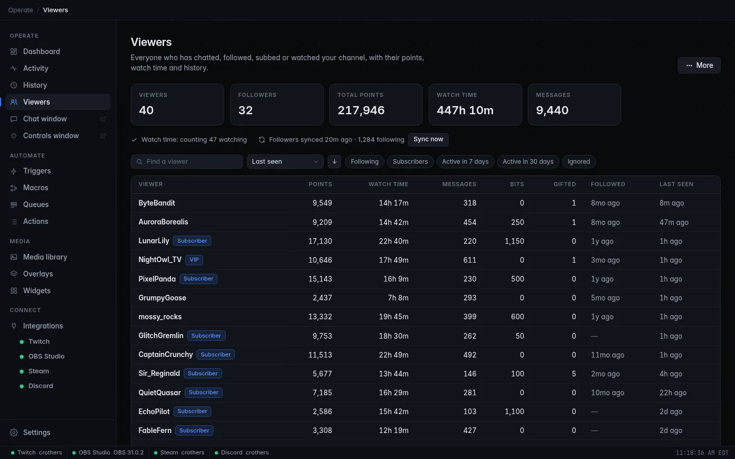 The Viewers page: totals, watch time and follower status lines, search, sort and filter chips, and the list of viewers