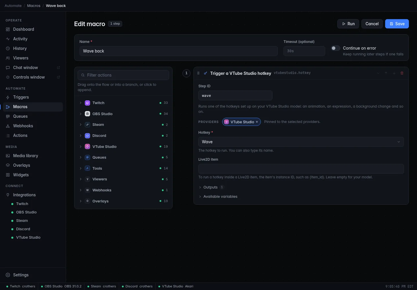 The Trigger a VTube Studio hotkey action: the Hotkey picker listing the model's hotkeys and the empty Live2D item field